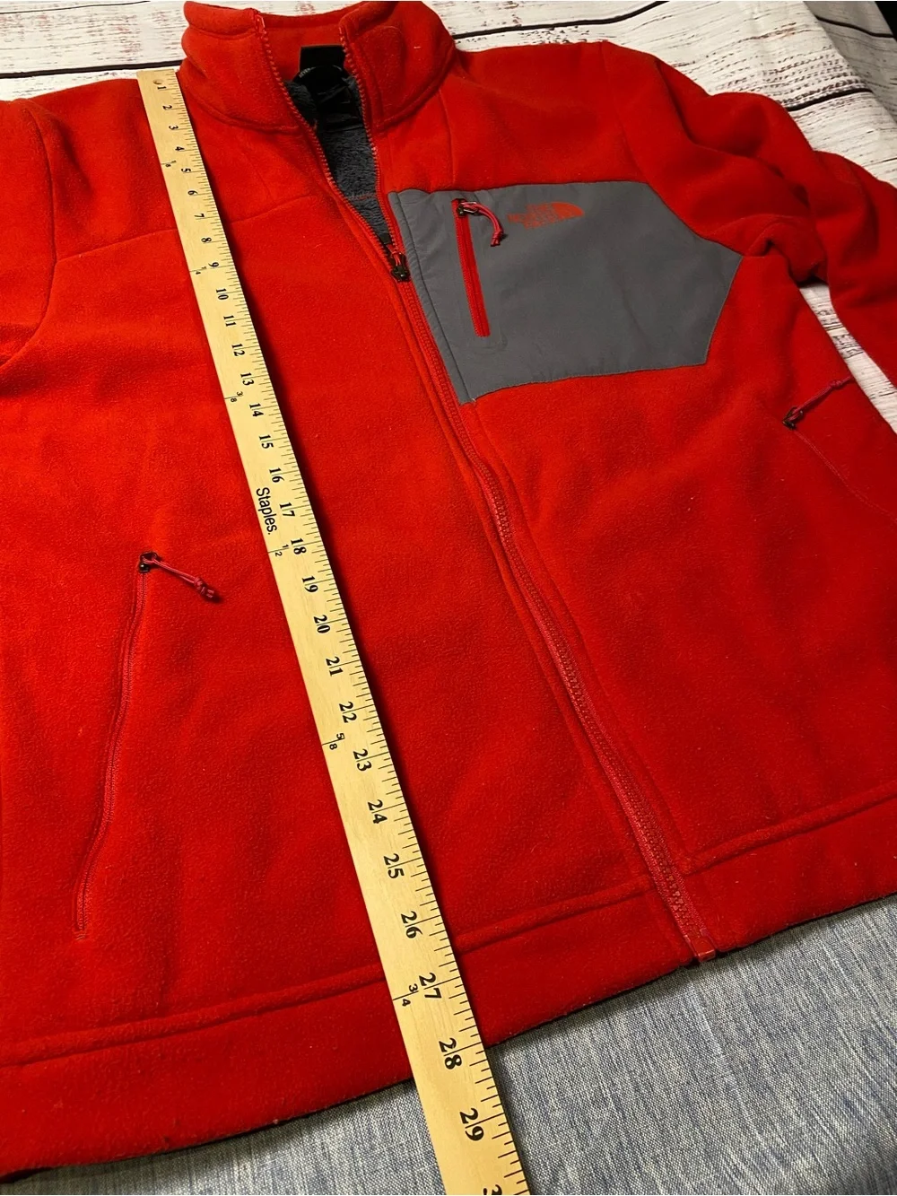 The North Face Red Fleece Jacket with Gray Chest Panel Sz-L